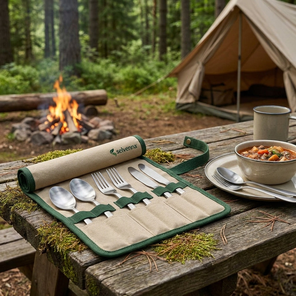 selvenna™ Two-Person Camp Cutlery Set with Roll