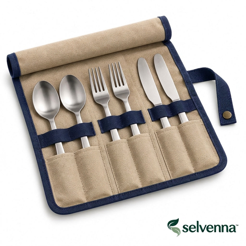 selvenna™ Two-Person Camp Cutlery Set with Roll