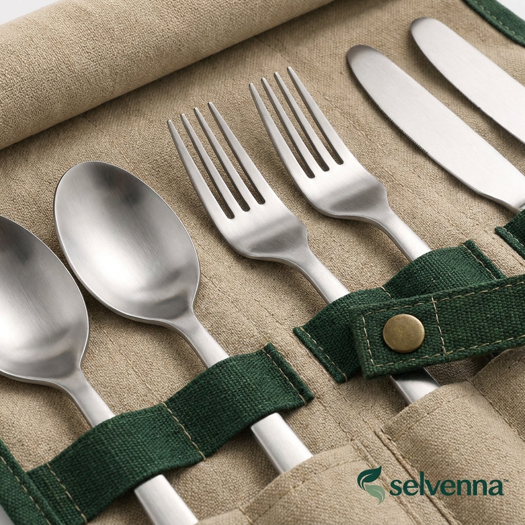 selvenna™ Two-Person Camp Cutlery Set with Roll
